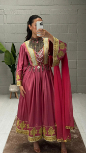 Afghan Woman Wearing Elegant Traditional Dress Shiny Royal Long Sleeves Neckline Featuring Hand Afghan Kuchi Dresses Women's - Product Image 3