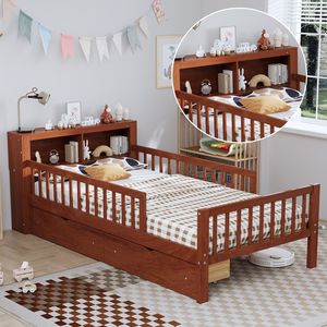Letto singolo per bambini in noce con testiera, scaffale portaoggetti, due cassetti sottoletto e tre sponde laterali per sicurezza e protezione - Product Image 6