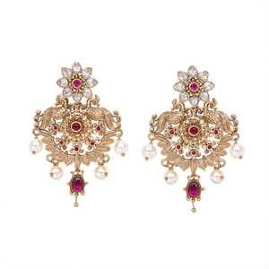 Vintage Diamond Chandelier Drop Earrings in Brass with Ruby and Pearls for Wedding Party Gift - Product Image 1