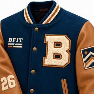 Chaqueta Varsity Azul Marino para Hombre con Mangas de Cuero Marrón, Parches de Letras Bordadas, Mezcla de Lana, Abrigo de Invierno - Product Image 5