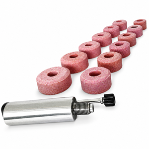 Jeu de pierres à rectifier pour soupapes de style Sioux, 12 roues en oxyde d'aluminium rose, grain 80, filetage 11/16 pouces avec support à entraînement étoilé - Product Image 1