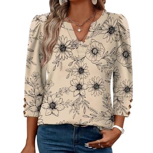 Custom Beige Botanical Leaf Women Chiffon <b>Top</b> Fine Quality Lightweight <b>Flowy</b> Woven Three Quarter Sleeve Split V Neck T Shirts - Product Image 1