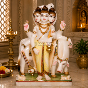 Premium Marble Dattatreya Statue with Cow | Handcrafted White Marble Lord Dattatreya Murti | MALIYAS Jaipur India - Product Image 2