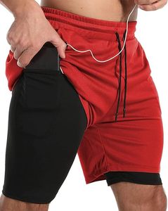Custom Logo Men's Double <b>Layer</b> <b>Mid</b> Waist Drawstring Closure Pockets Breathable Spandex/Cotton Sports Athletic Workout Shorts - Product Image 4