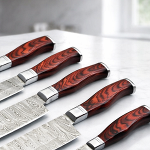 ชุดเชฟทำมือ 5 ชิ้น เหล็กดามัสกัส พร้อมด้ามไม้และปลอกหนัง ใช้งานได้ทั้งมือซ้ายและขวา ปลอดภัยสำหรับเครื่องล้างจาน - Product Image 3