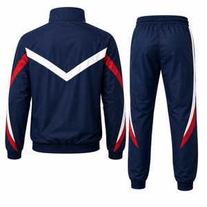 Custom Unisex Navy Red White Color Block Tracksuit Full <b>Zip</b> <b>Hooded</b> Jacket and Pants Set Polyester Regular Fit Adult Autumn Sport - Product Image 2