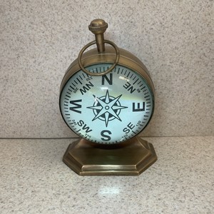 Vintage Brass Desk & <b>Shelf</b> Marine Clock with Compass Bubble Glass Magnified Globe Table Clock Antique Nautical Home Office Decor - Product Image 5