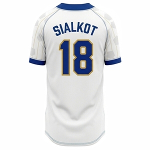 เสื้อเบสบอล Sialkot Pride แบบยูนิเซ็กซ์ แขนสั้น สีขาว ทอง น้ำเงิน พิมพ์ลายโลโก้ด้วยเทคนิค Sublimation ทรงปกติ แห้งเร็ว ผลิตจากโพลีเอสเตอร์ 100% - Product Image 6