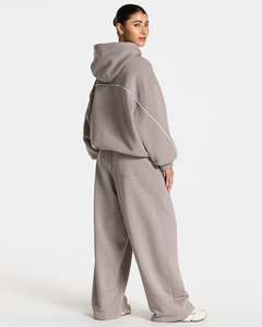 Sudadera con Capucha Extra Grande para Mujer, Color Gris Piedra, con Líneas en Contraste, de Algodón Premium, Estilo Urbano Informal, Personalizada OEM - Product Image 6