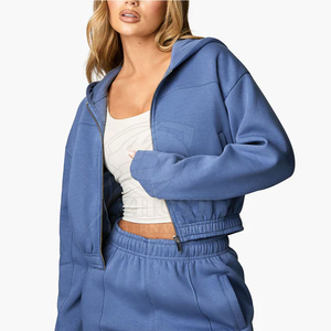 Women 2 Piece Tracksuit <b>Zip</b> Hoodie <b>Jogger</b> Set Solid Blue Plus Size Casual Sweat Suit Full Length Side <b>Pockets</b> Winter 100% Cotton - Product Image 3