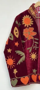Bohemian Burgundy <b>Velvet</b> Suzani <b>Jacket</b> with Tropical Floral Embroidery Full Sleeve Stand Collar Women's Autumn Outerwear - Product Image 5