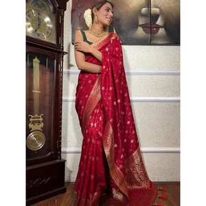 FASHIONABLE BANARASI SOFT SILK <b>GOLD</b> ZARI WEAVING WORK SAREE WITH UNSTITCHED <b>BLOUSE</b> RED - Product Image 1