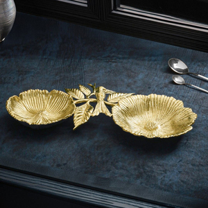 Élégant bol en métal doré à double fleur avec poignée en forme de branche d'oiseau central pour organisateur de bureau de luxe, décoration intérieure et service - Product Image 6