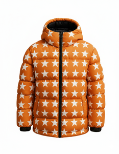 Mens Orange Waterproof Breathable Hooded Puffer Jacket Winter Warm <b>Bubble</b> <b>Coat</b> Streetwear Front Custom Wholesale Outerwear - Product Image 2