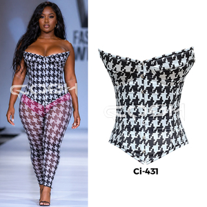 Ensemble corset sexy noir et blanc à motif pied-de-poule pour femme, sans bretelles, avec leggings imprimés transparents pour tenue de club - Product Image 5