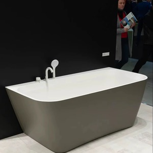 Bañera de Piedra Independiente de Estilo Moderno, Bañera de Inmersión de Superficie Sólida para Baño, Acrílico Blanco con Patrón Cuadrado - Product Image 1