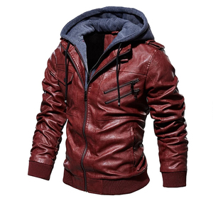 Veste de moto à capuche en cuir PU pour homme, fermeture éclair, coupe ajustée, style automne, manches classiques, couleur unie, doublure en coton - Product Image 5