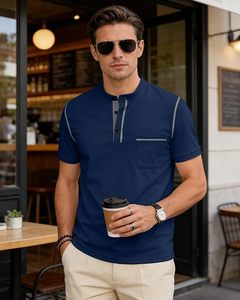 Camiseta de Manga Corta con Cuello en V para Hombre, Color Azul Marino, Corte Ajustado, Ribete en Contraste, Estilo Casual, Tejido de Punto, Color Sólido - Product Image 3