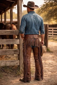 Pantalones vaqueros de cuero genuino para hombre, de talle alto, corte regular, con flecos y cierre de hebilla para montar a caballo - Product Image 4