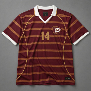 เสื้อฟุตบอลตาข่ายสั่งทำขายส่งแบบย้อนยุค Y2K ชุดฟุตบอลสีแดงเบอร์กันดีลายทางสีทอง แขนสั้น เสื้อกีฬา - Product Image 2