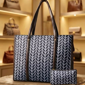 Bolso tote jacquard premium con estampado de hojas y estuche a juego – Bolso de hombro con estampado geométrico en negro y gris - Product Image 1