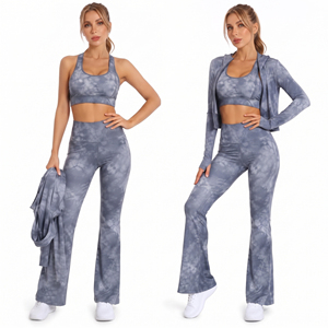 Tie Dye <b>Yoga</b> Set <b>Women</b> Racerback Crop Top High Waist Flare Leggings 3 Piece Breathable Crop Jacket Spandex Polyester Flare <b>Pant</b> - Product Image 1