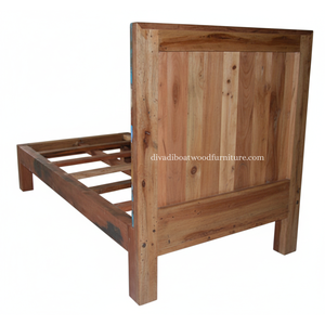 Cama Individual de Madera de Barco Reciclada con Cabecero, Diseño Patchwork, Color Original, Mueble Sostenible Hecho a Mano para Dormitorio - Product Image 2