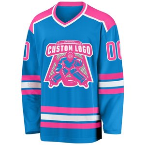 Maillot de hockey sur glace personnalisé sublimé rose et bleu clair – Vente en gros, uniforme de gardien de but de haute qualité pour équipe - Product Image 1
