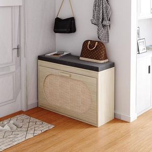 Rattan Shoe Rack with Flip Drawer and Seat <b>Cushion</b> Convenient Hallway Shoe <b>Bench</b> Cabinet - Product Image 4