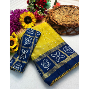 Sari en coton jaune de créateur avec imprimé Bandhani bleu et bordure Zari – Tenue de fête - Product Image 1