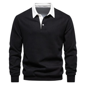 Men's <b>Long</b> <b>Sleeve</b> Knitted Polo Shirt Solid <b>Black</b> Casual Button Down Cotton Anti-Wrinkle Regular Fit - Product Image 1