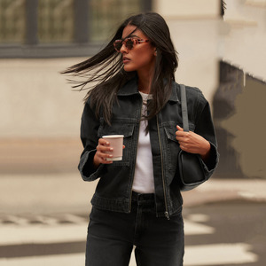 Turn Collar Zipper Up Closure Casual Style Windproof Fabric Women <b>Jackets</b> Street Fashion Female Jeans <b>Jacket</b> - Product Image 2
