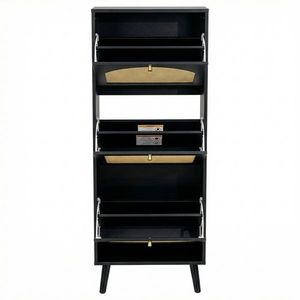 Scarpiera Nera a 3 Ripiani con Frontale in Rattan 54*24*135 cm in Truciolato - Product Image 3