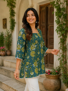 Kurti de Manga Corta con Estampado Floral Natural Dulce, Tejido de Algodón Premium, para Mujer, Jaipur Moda, Túnica Étnica Color Verde Azulado, Ropa Casual de Oficina - Product Image 5
