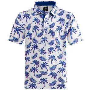 Polo à manches courtes pour homme, blanc et bleu, imprimé palmiers, décontracté, en coton Oxford respirant, coupe classique - Product Image 1