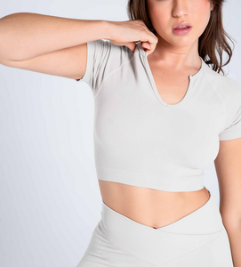 Solid Breathable Sports V-Neck <b>Crop</b> <b>Top</b> T-Shirt & High Waist Bum Lift Leggings Yoga Set for Women Activewear Gym Fitness Outfit - Product Image 6
