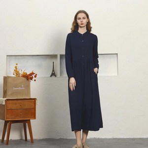 Luxury Navy Blue Plain Cotton Linen Maxi <b>Dress</b> With Button Down Mandarin Collar <b>Loose</b> Fit Full Sleeve Summer Casual <b>Dress</b> - Product Image 1