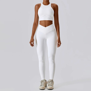 Women Yoga Set Ribbed High Waist Flared Leggings Spaghetti Strap Crop Top Solid <b>Green</b> Activewear 2 Piece Seamless Breathable - Product Image 6