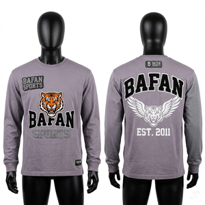เสื้อยืดแขนยาวผู้ชายผ้าฝ้ายคุณภาพสูง 190 GSM สีเทา ปักโลโก้ ผ้าฝ้าย 100% ทรงหลวม พิมพ์ลาย - Product Image 1
