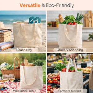 ถุงช้อปปิ้งผ้าฝ้ายพรีเมียมรักษ์โลก พร้อมหูหิ้วแบบแปะ ขอบกว้าง ใช้ซ้ำได้ ย่อยสลายได้ เหมาะสำหรับใส่ของชำ ของใช้ประจำวัน ไปเที่ยวทะเล ใช้ได้ทุกวัน - Product Image 4