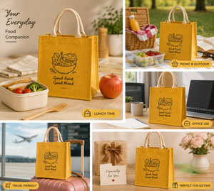 Sac à déjeuner en jute écologique, imprimé « Good Food Good Mood », jaune, durable, réutilisable, sac cadeau pour pique-nique, bureau, voyage - Product Image 3
