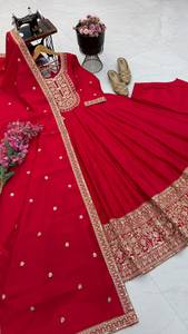 Vestido Anarkali Verde para Mujer, Vestido Bordado con Dupatta, Largo Regular, Seda Romana de Secado Rápido, Ropa Étnica India y Pakistaní para Bodas - Product Image 4