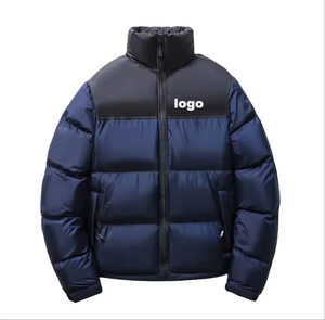 Men's Navy Blue Puffer <b>Jacket</b> Stand Collar Zipper Closure Windproof Winter Coat Casual Thick Polyester Wadding Outerwear - Product Image 1