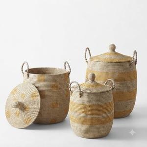 Panier à linge rond en jonc de mer naturel fait main, panier de rangement tressé, organisateur de maison écologique personnalisé, commande en gros - Product Image 3