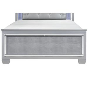 Silver Finish Queen Size <b>Bed</b> with Upholstered Button Tufted <b>LED</b> Headboard Faux Alligator Embossed Wood Panels Wooden <b>Bed</b> - Product Image 3