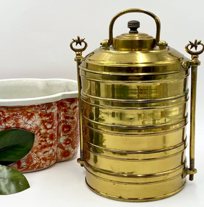 Antique brass 4-tier tiffin featuring intricate floral carvings and traditional handle. Royal look. Available at wholesale price - Product Image 4