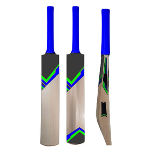 Batte de cricket moderne en bois, légère, ambidextre, noire avec poignée bleue et motif rayé vert, équipement sportif d'entraînement - Product Image 3