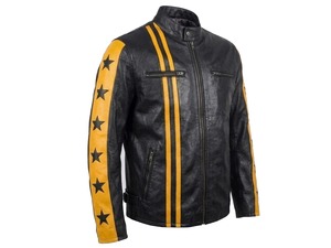 Men's Black <b>Leather</b> <b>Cafe</b> <b>Racer</b> <b>Jacket</b> with Yellow Stripes and Star Sleeves - Product Image 3