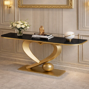 Table console romantique en forme de cœur, finition dorée, avec plateau en faux marbre noir élégant, disponible à prix de gros. - Product Image 1