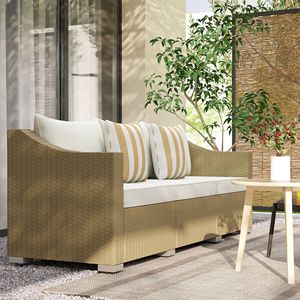 Divano da Esterno in Rattan PE Bianco Crema a 3 Posti con Cuscini e 2 Cuscini Decorativi, Arredamento da Giardino - Product Image 2